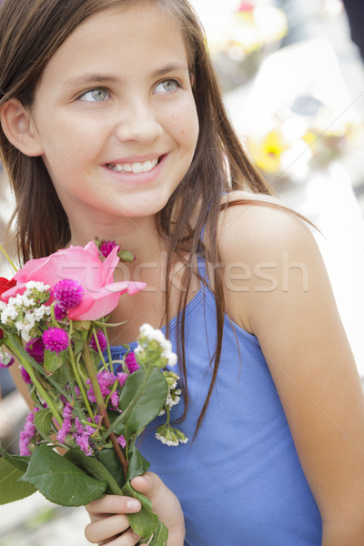 Pretty Young Girl Holding Flower Bouquet at the Market Stock photo © feverpitch
