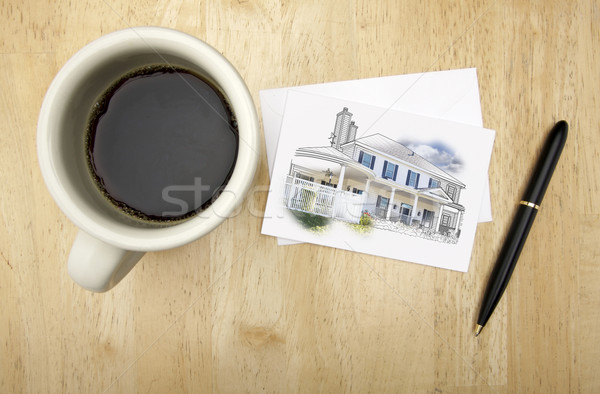 Stock foto: Beachten · Karte · Haus · Zeichnung · Stift · Kaffee