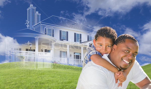 Stock photo: Mixed Race Father and Son with Ghosted House Drawing Behind