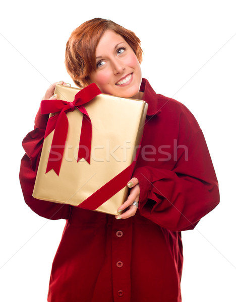 Pretty Red Haired Girl with Wrapped Gift Isolated Stock photo © feverpitch
