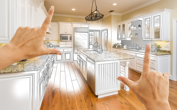 Hands Framing Custom Kitchen Design Drawing and Photo Combinatio Stock photo © feverpitch