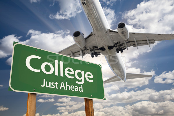College Green Road Sign and Airplane Above Stock photo © feverpitch