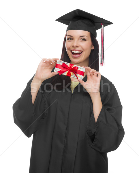 Female Graduate Holding Stack of Gift Wrapped Hundred Dollar Bil Stock photo © feverpitch