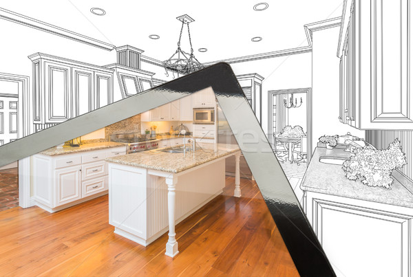 Computer Tablet Showing Photograph of Kitchen Drawing Behind Stock photo © feverpitch