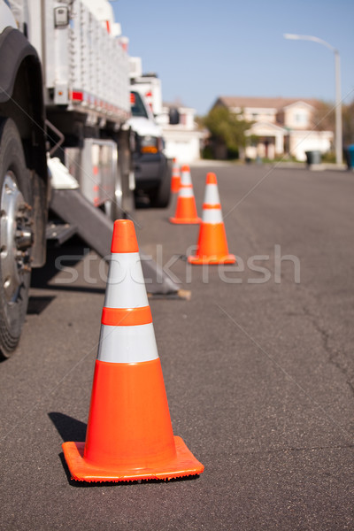 Orange Hazard Cones and Utility Truck in Street Stock photo © feverpitch