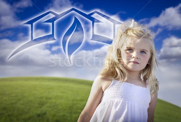 Adorable Blue Eyed Girl Playing Outside with Ghosted Green House Stock photo © feverpitch