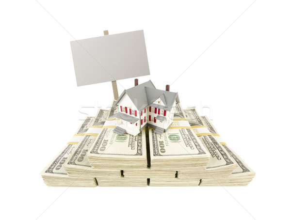 Small House on Stacks of Hundred Dollar Bills and Blank Sign Stock photo © feverpitch