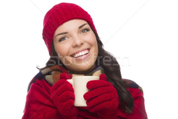 Mixed Race Woman Wearing Winter Hat and Gloves Holds Mug Stock photo © feverpitch