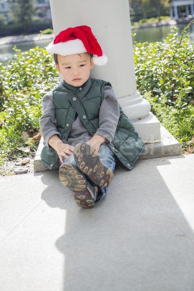 Búskomorság félvér fiú visel karácsony mikulás Stock fotó © feverpitch