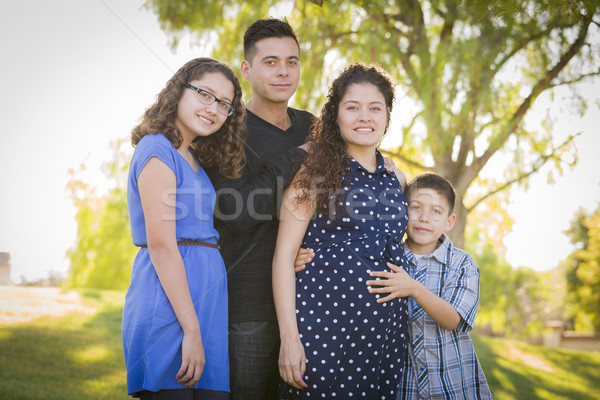 Fericit atractiv Hispanic familie gravidă mamă Imagine de stoc © feverpitch
