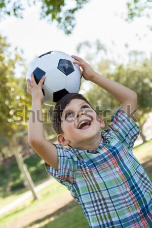 Aranyos fiatal srác játszik futballabda park kint Stock fotó © feverpitch