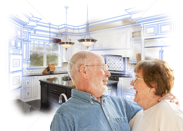 Senior Couple Over Kitchen Design Drawing and Photo on White Stock photo © feverpitch