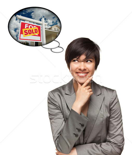 Stockfoto: Vrouw · dacht · bubbels · uitverkocht · onroerend