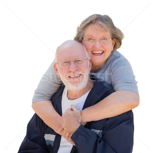 Happy Senior Couple Hugging and Laughing on White Stock photo © feverpitch