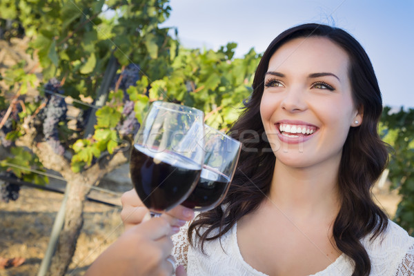 Young Woman Enjoying Glass of Wine in Vineyard With Friends Stock photo © feverpitch