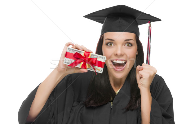 Female Graduate Holding Stack of Gift Wrapped Hundred Dollar Bil Stock photo © feverpitch