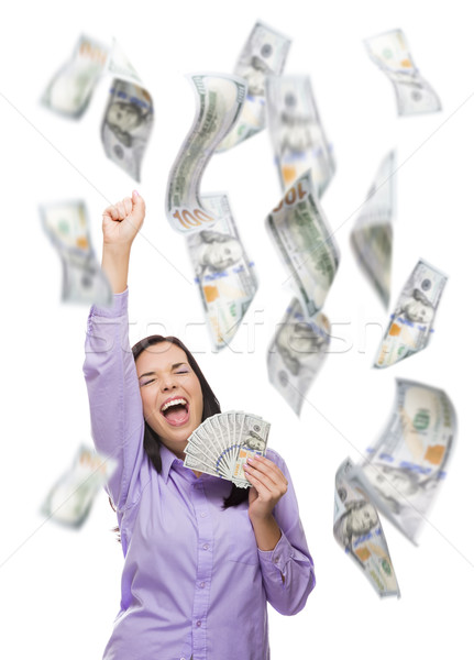 Happy Woman Holding the $100 Bills with Many Falling Around Stock photo © feverpitch