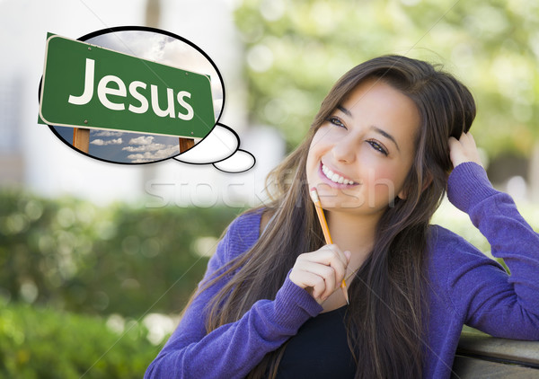 Fiatal nő gondolatbuborék Jézus zöld jelzőtábla töprengő Stock fotó © feverpitch