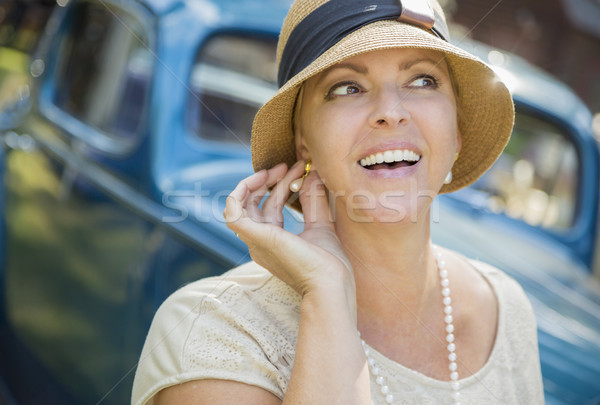 1920s Dressed Girl Near Vintage Car Outdoors Portrait Stock photo © feverpitch