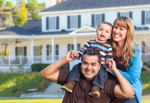 Boldog félvér fiatal család ház előkert Stock fotó © feverpitch