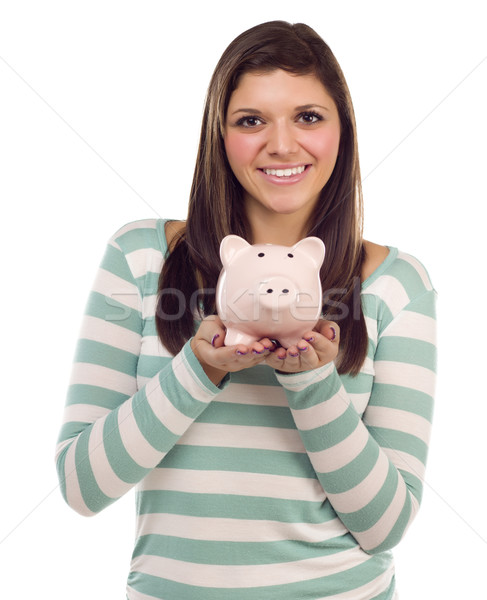 Ethnic Female Holding Piggy Bank on White Stock photo © feverpitch