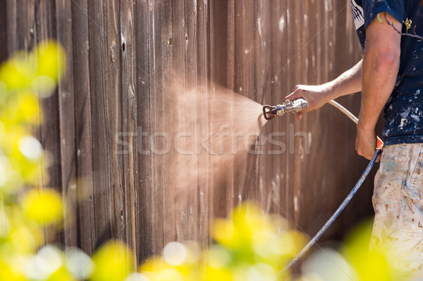 Professional Painter Spraying Yard Fence with Stain Stock photo © feverpitch