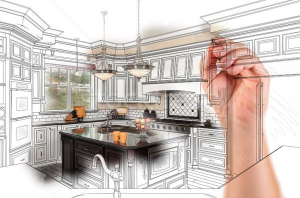 Stockfoto: Hand · tekening · gewoonte · keuken · ontwerp · bouw