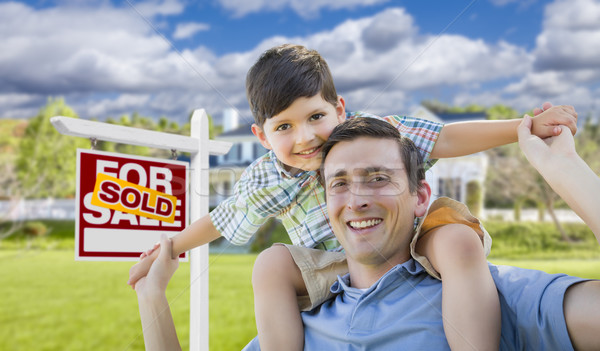 Stock photo: Mixed Race Father, Son Piggyback, Front of House, Sold Sign