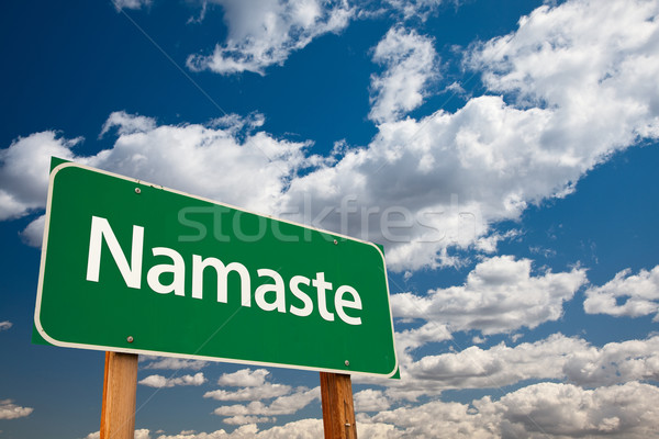 Foto stock: Namaste · verde · placa · sinalizadora · copiar · quarto · dramático
