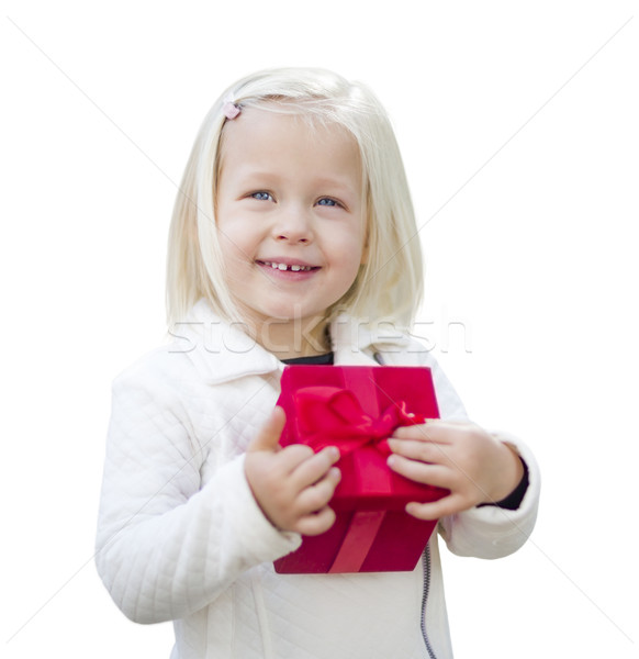 Baby Girl Holding Red Christmas Gift on White Stock photo © feverpitch