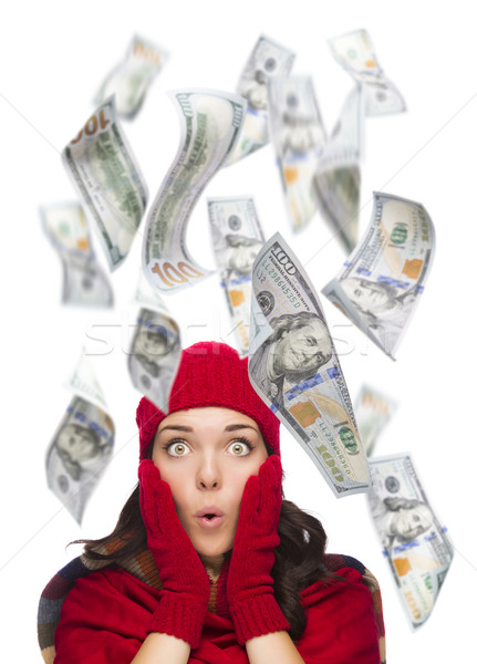 Stock photo: Young Excited Woman with $100 Bills Falling Around Her