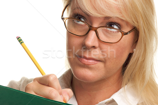 Bela mulher lápis dobrador papel escolas Foto stock © feverpitch