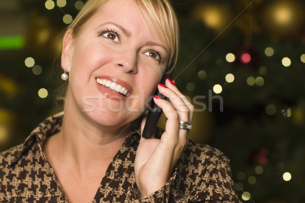 Szőke nő mobiltelefon város fények gyönyörű arc telefon Stock fotó © feverpitch