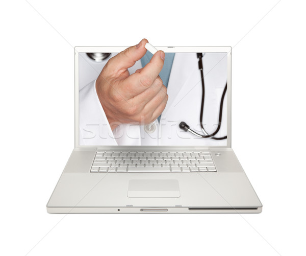 [[stock_photo]]: Médecin · pilule · portable · écran · isolé · blanche