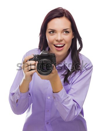 Aantrekkelijk halfbloed jonge vrouw dslr camera witte Stockfoto © feverpitch