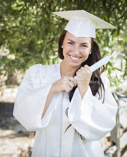 Stockfoto: Halfbloed · meisje · cap · toga · diploma · aantrekkelijk