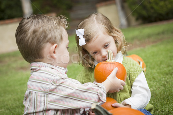 [[stock_photo]]: Cute · jeunes · frère · soeur · citrouille