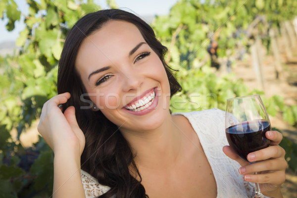 Fiatal felnőtt nő élvezi üveg bor szőlőskert Stock fotó © feverpitch