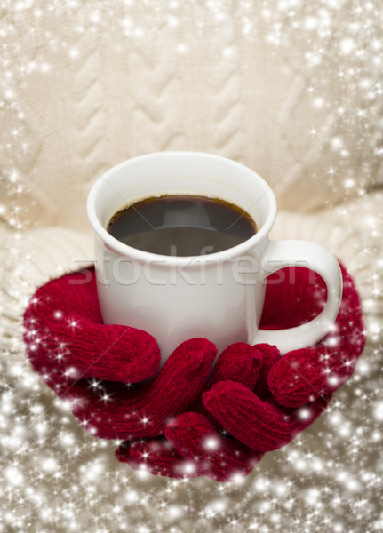 Woman in Sweater with Red Mittens Holding Cup of Coffee Stock photo © feverpitch