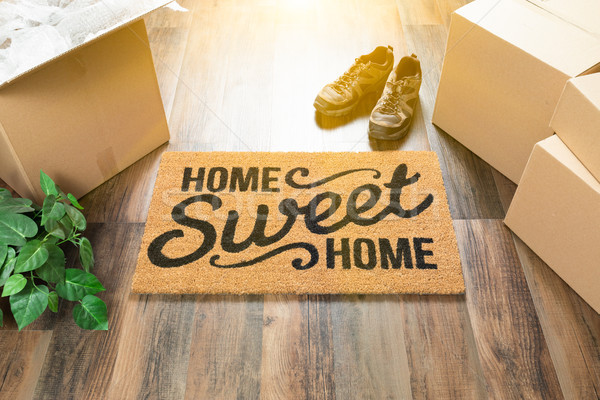 Home Sweet Home Welcome Mat, Moving Boxes, Shoes and Plant on Ha Stock photo © feverpitch