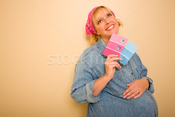 Pensive Pregnant Woman Holding Pink and Blue Paint Swatches Stock photo © feverpitch