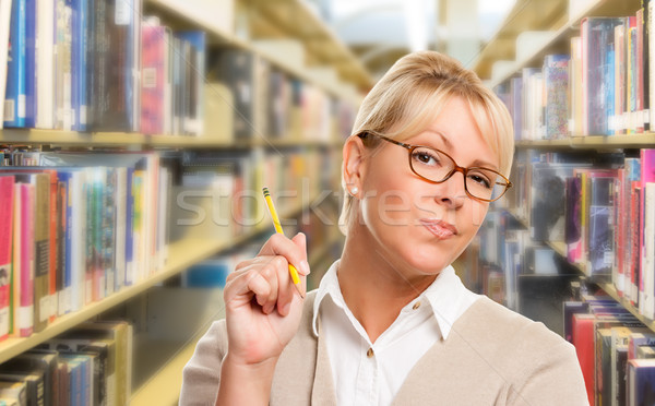 Stock foto: Schönen · expressive · Studenten · Lehrer · Bleistift · Bibliothek