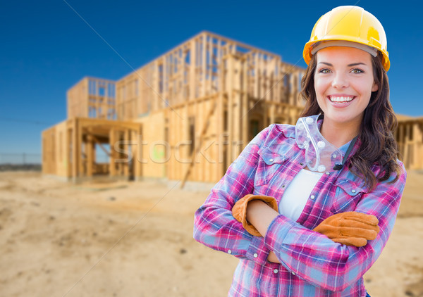 Young Attractive Female Construction Worker Wearing Gloves, Hard Stock photo © feverpitch