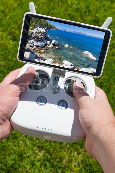 Hands Holding Drone Quadcopter Controller With Beautiful Lake Vi Stock photo © feverpitch