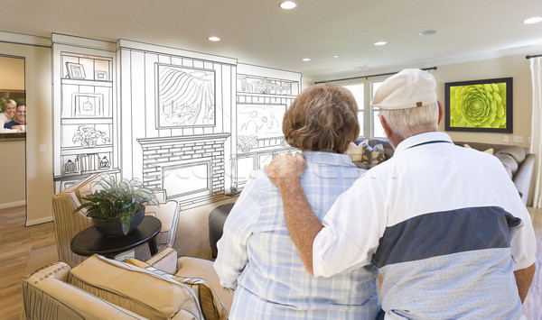 Senior Couple Over Custom Living Room Design Drawing and Photo Stock photo © feverpitch