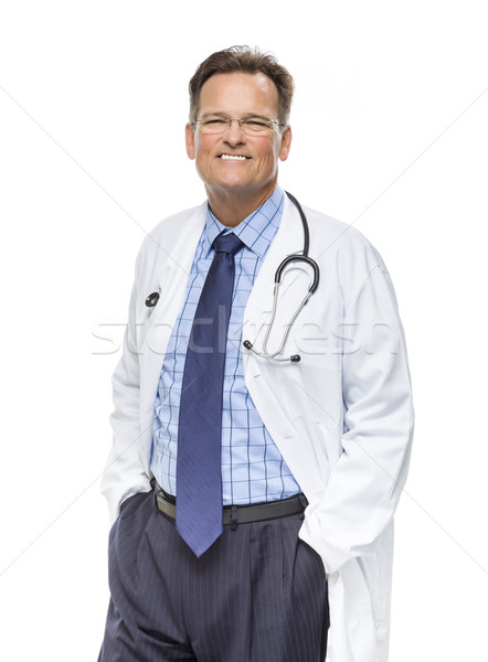 Foto d'archivio: Sorridere · medico · di · sesso · maschile · camice · da · laboratorio · stetoscopio · bianco · bello