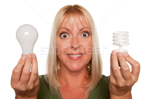 Woman Holds Energy Saving and Regular Light Bulbs Stock photo © feverpitch