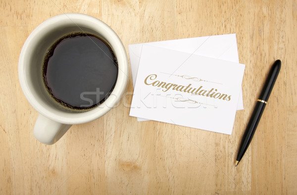 Glückwünsche beachten Karte Stift Kaffee Kaffeetasse Stock foto © feverpitch