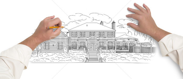Stockfoto: Mannelijke · handen · mooie · huis · potlood · schets