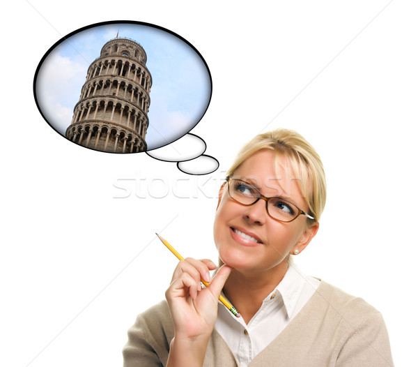 Woman with Thought Bubbles of Travelling to Europe Stock photo © feverpitch